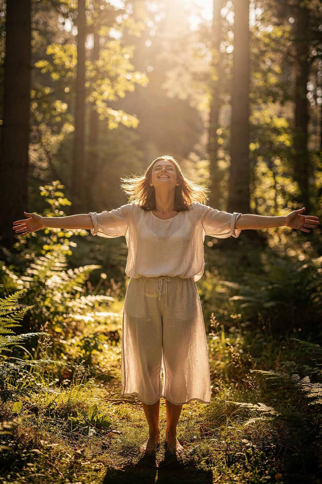 Mujer con los brazos abiertos en un bosque iluminado por el sol