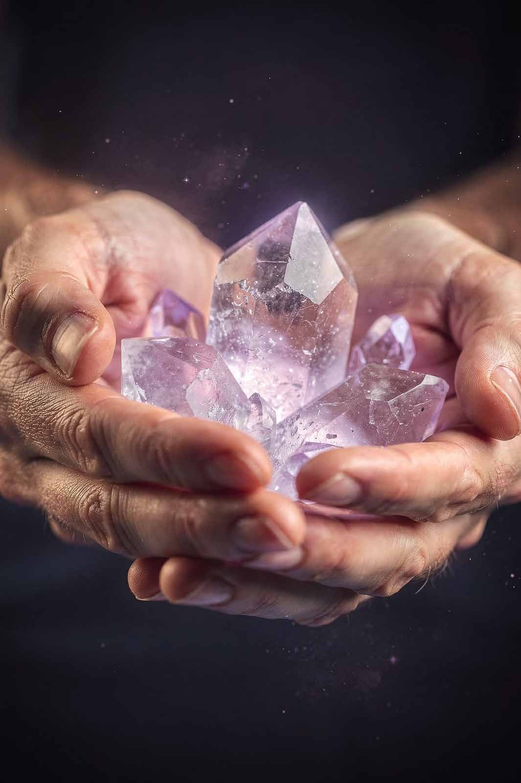 Manos sosteniendo cristales de amatista