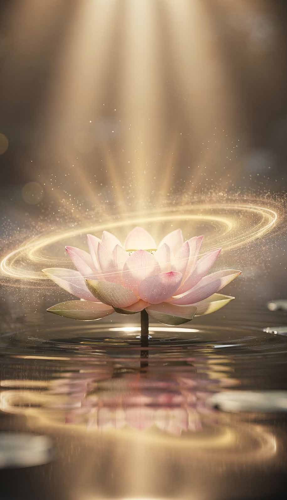 Flor de loto rodeada de luz dorada sobre el agua