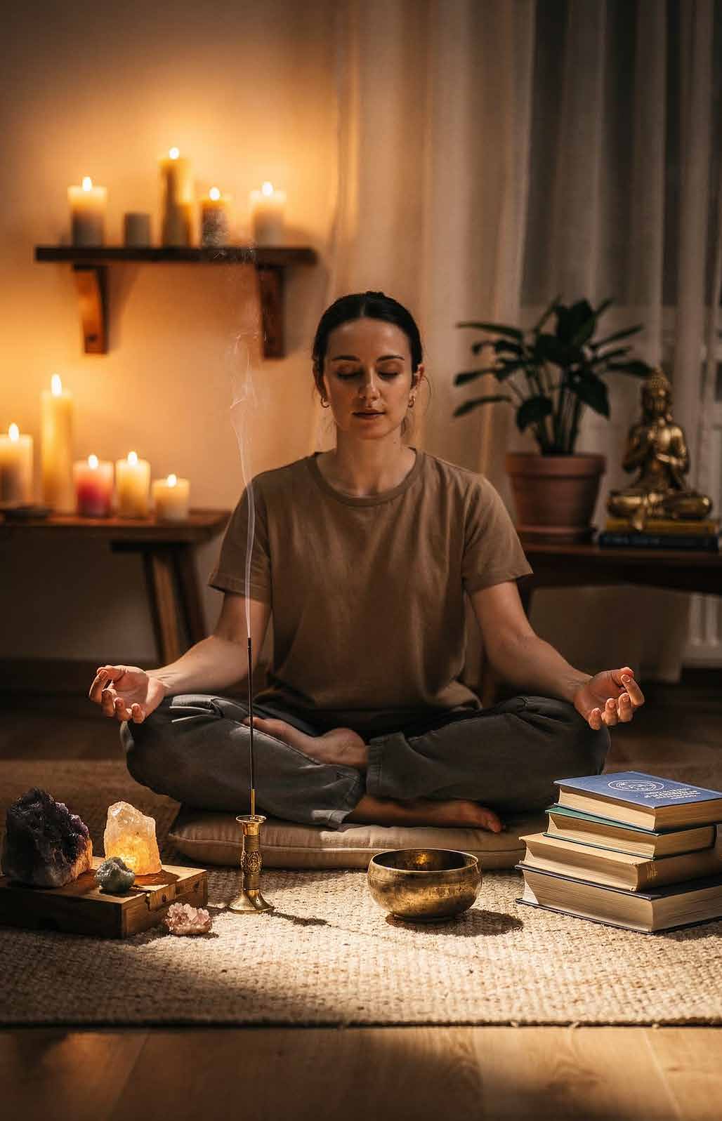 Mujer meditando en un ambiente cálido con velas