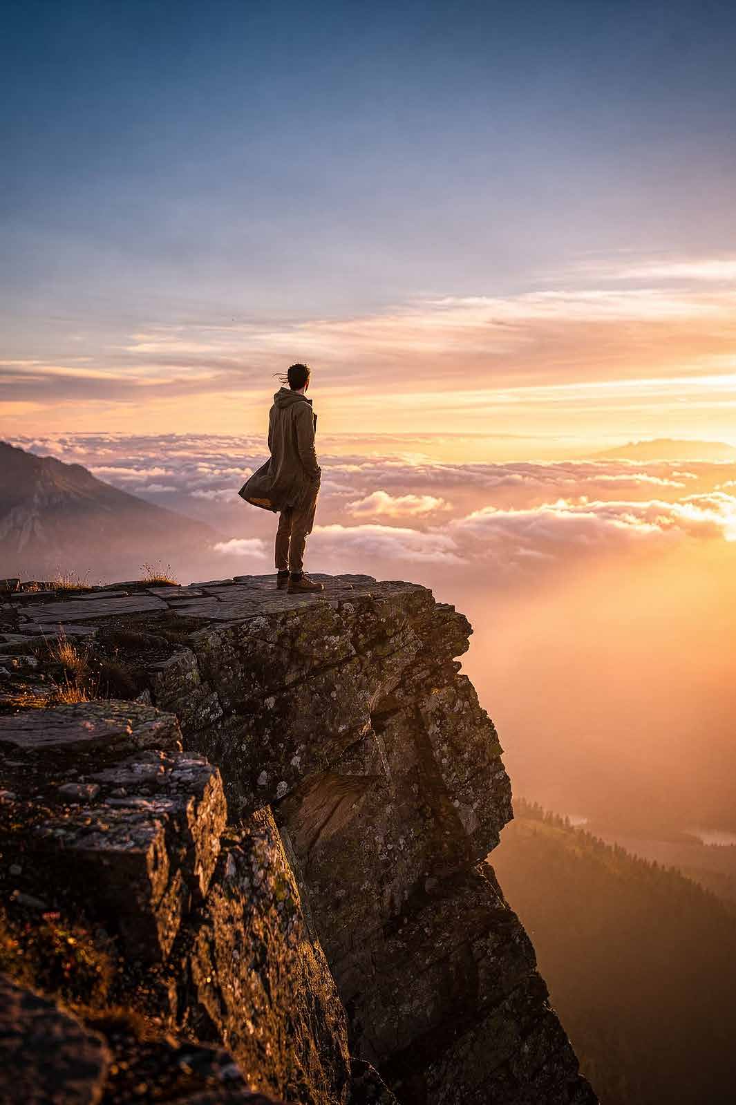 Persona contemplando el amanecer desde la cima de una montaña
